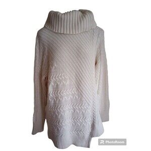 L.L. Bean Cable Knit Sweater IVORY Wool Blend Turtleneck Pullover Womens L